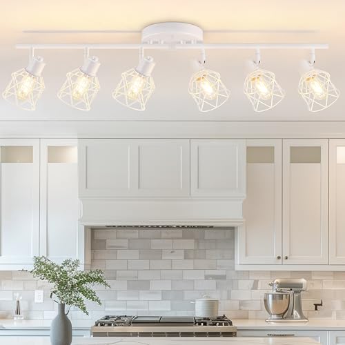 6 Lights White Semi Flush Mount Ceiling Light with Geometric Metal Cage