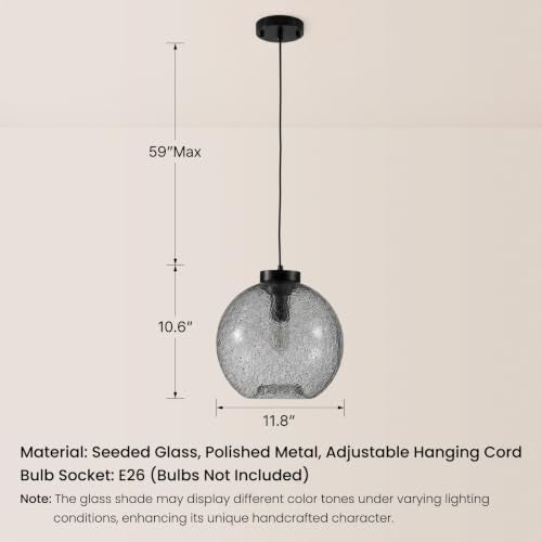 11.8" Black Grey Globe Seeded Glass Kitchen Island Pendant Light