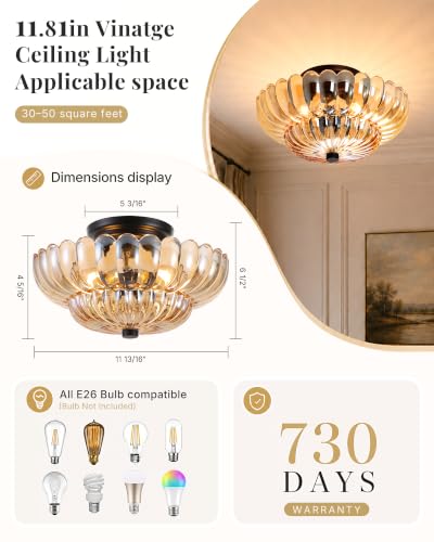 Semi Flush Mount Ceiling Light Fixture 11.8" Vinatge Black Ceiling Lights Amber Mid Century Modern Glass Close to Ceiling Lighting Fixtures for Bedroom Hallway Foyer Bathroom Kitchen Entryway