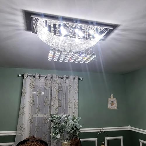 Crystal Chandelier Modern Chandelier Flush Mount Chandelier Silver Rectangle Crystal Raindrop Chandelier 8 Lights Ceiling Light Fixture Pendant Lamp for Kitchen Island Dining Room Closet Wedding Decor