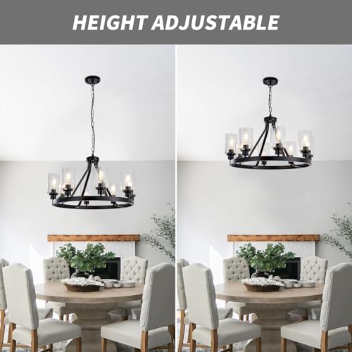 8 Light Black Dining Room Light Fixtures Farmhouse Wagon Wheel Chandelier Kitchen Island Pendant Lights Modern Industrial Rustic Adjustable Height Metal E26