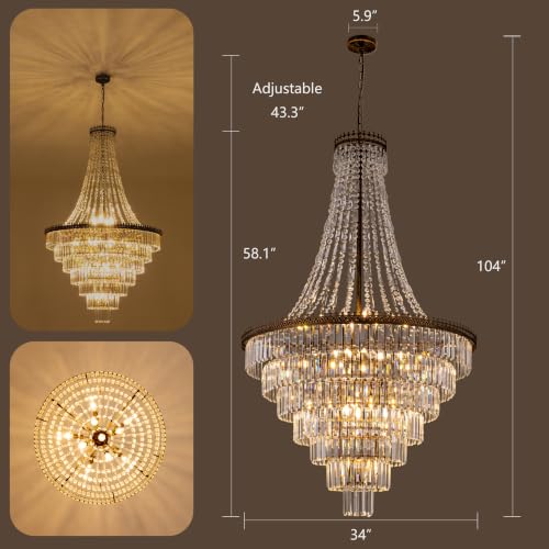 French Empire Crystal Chandelier 34" W Large High Ceiling Chandelier