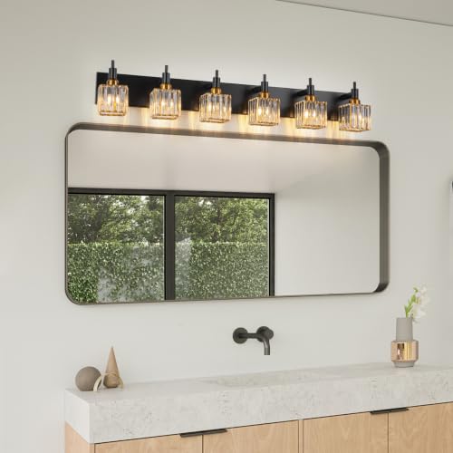 6 Lights Crystal Bathroom Vanity Light Black Gold Modern Bathroom Lighting Fixtures Over Mirror