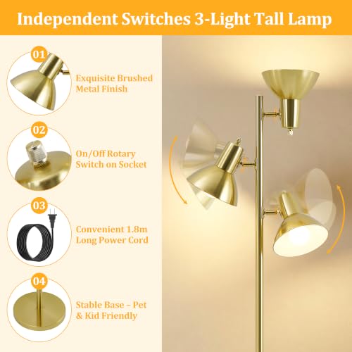 3 Light Floor Lamps for Living Room (Gold)