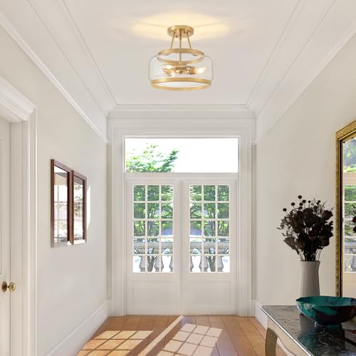 Brushed Gold Semi Flush Mount Ceiling Light Modern Glass Light Fixtures