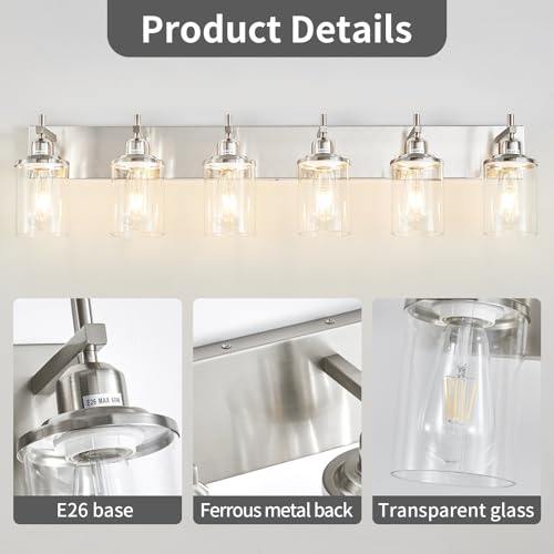 6 Light Brushed Nickel Bathroom Light Fixture Over Mirror Modern Bathroom Vanity Light Vintage Wall Lighting with Clear Glass Shade for Bathroom (6 Count)