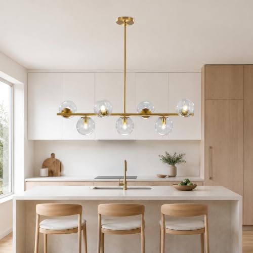 MCM 7 Light Brass Gold Linear Sputnik Chandelier with Clear Glass Shade