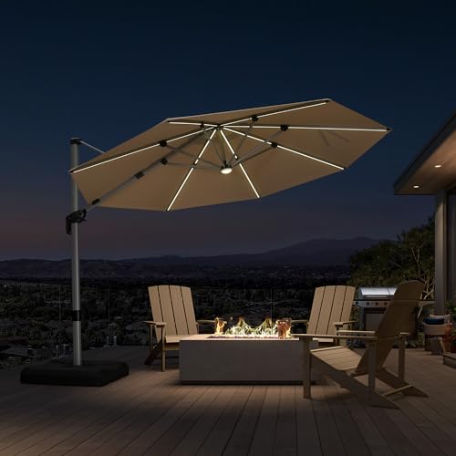 Cantilever Patio Umbrella 11ft Round Solar LED Light