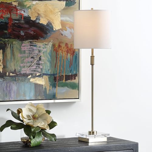 Arvia Antique Brass Modern Metal Buffet Table Lamp with White Linen Shade