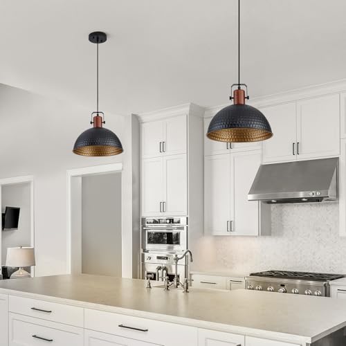 12 Inch Black Pendant Lights Hammered Matte Pendant Lights for Kitchen Island Industrial Farmhouse Adjustable Height Dome Hanging Light Fixtures for Barn (2 Count)