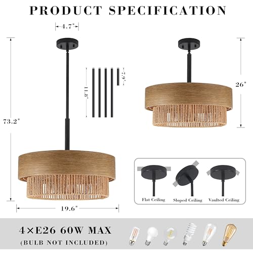 19.6" Large Wood Texture Drum Chandelier for Dining Room with Woven Rattan