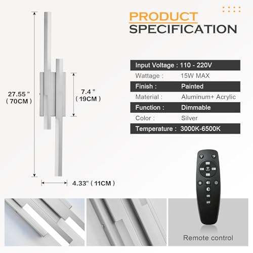Modern LED Wall Sconce Silver Remote Wall Light Fixtures for Bathroom