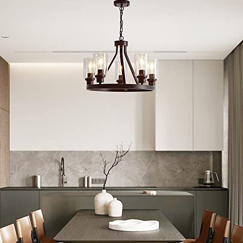Farmhouse Chandelier Lighting Round 5 Lights Oil Rubbed Bronze with Glass Shade Ceiling Hanging Vintage Rustic Light Fixture for Dining Room Living Room Foyer Porch Kitchen Island