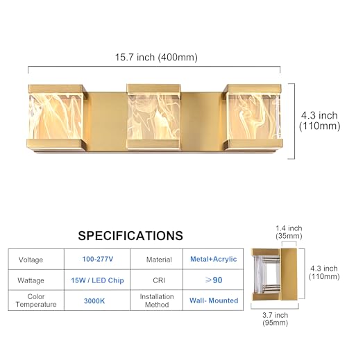 Brass LED Vanity Lights Over Mirror 3 Lights