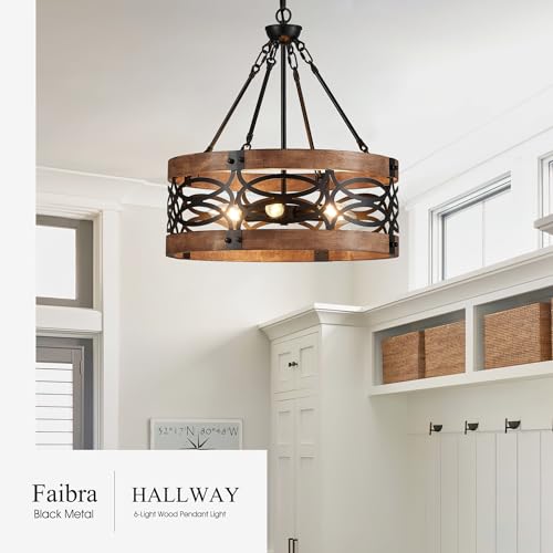 19.7" 6 Light Brown Wood Drum Pendant Light for Dining Room
