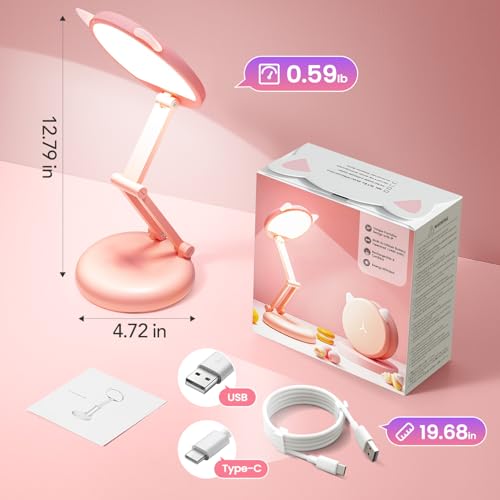 Cute Desk Lamp Pink Dorm Lamps for College Girls Foldable Portable Rechargeable Dimmable Cute Cat Lamp Kawaii Room Decor