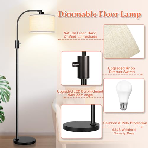 Upgraded Modern Arc Dimmable Tall Standing Floor Lamp with Linen Shade