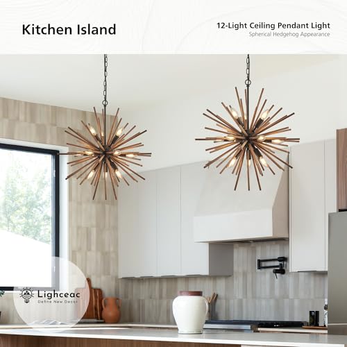 23.6" Farmhouse Sputnik Chandelier for Dining Room Rustic Handmade Natural Wood 12 (12 Count)