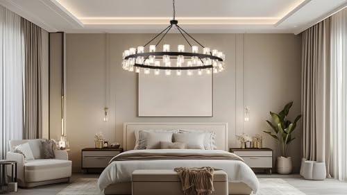 48 Inch Black Wagon Wheel Chandelier with Crystal Shade (48 Count)