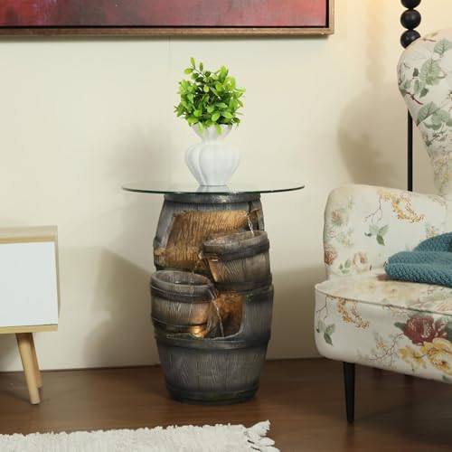 Rustic Barrel Outdoor Water Fountain with Glass Tabletop