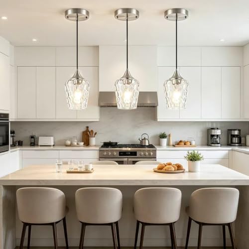 3 Pack Brushed Nickel Pendant Lights Kitchen Island Hammered Glass Shade