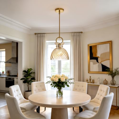 Gold Pendant Light Kitchen Island 9.84'' Striped Amber Glass Shade (2 Count)