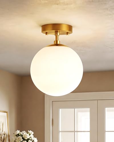 Semi Flush Mount Ceiling Light 6" Globe Mid Century Modern Light Fixture Milk Glass with Gold Brass Finish Light Fixtures for Hallway Entryway Kitchen Island Closet Laundry Bathroom