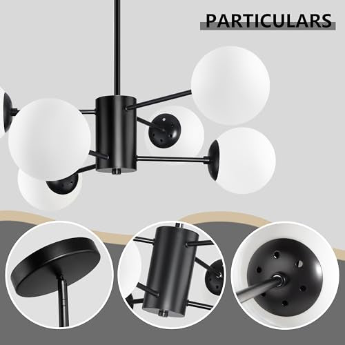 6 Light Sputnik Chandelier Black Sputnik Chandeliers Modern Mid Century Globe Pendant Light Matte Black Finished with White Frosted Globe Glass Lampshade for Dining Room Bedroom Kitchen