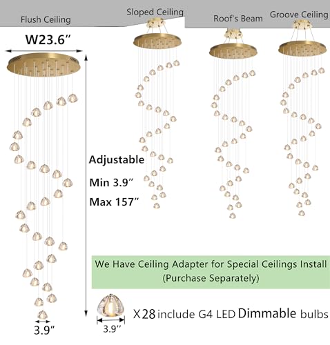 13ft Modern LED Chandeliers for Entryway Living Room Long Light High Ceiling Dining Room Light Dimmable Pendant Lighting Fixtures Chandelier for Foyer Staircase Antique Gold