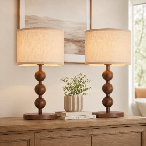 20" Vintage Boho Wood Pattern Table Lamp for Bedroom Living Room (2 Count)