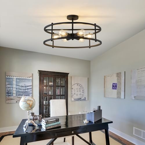 Large Semi Flush Mount Ceiling Light Fixture Black Cage Ceiling Light 6 Light Chandelier for Kitchen Dining Room Entryway Living Room Bedroom Foyer