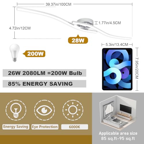 39.37Inch Linear Ceiling Light 6000K Chrome Modern Ceiling Light Fixture 28W Long Flush Mount Ceiling Lamp for Hallway