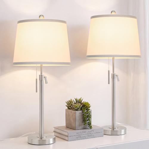 Brushed Nickel Modern Table Lamps Set of 2 Adjustable Height 22" to 30" Silver Nightstand with White Linen Shade 3 Brightness Way Pull Chain Switch Bedside Lamps for Living Room Office (2 Count)