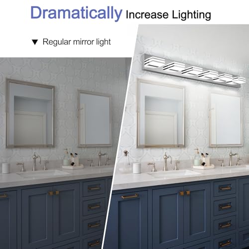 Modern Bathroom Light Fixtures 6 Light LED Vanity Lighting Bar 41 Inch Wall Lights above Mirror 36W Mirror Light Fixtures Chrome Bath Lamps 6000K Restroom Sink Light Long Vanity Sconces Lights (6 Count)