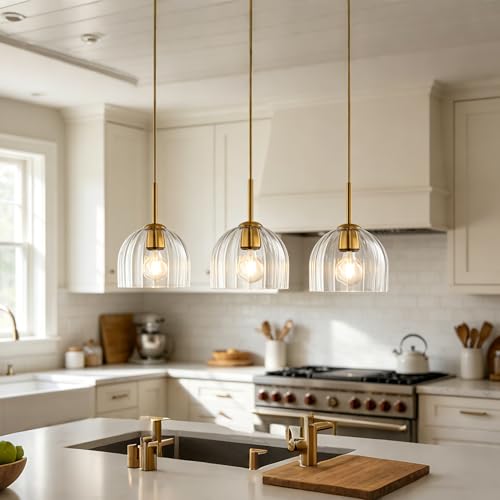 Clear Ribbed Glass Pendant Light Kitchen Island 7.8Inch Brass Hanging Lamp