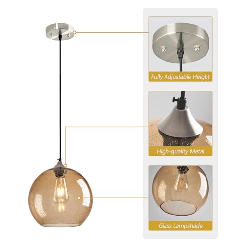 Light Brown Glass Pendant Lights Kitchen Island Globe Pendant Light Fixtures Modern Pendant Lighting for Bedroom Living Dining Room Light Fixture (3 Count)