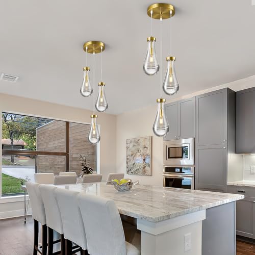Raindrop Pendant Lights Kitchen Island Teardrop Gold Hanging Light Fixtures Clear Solid Glass Pendant Light Modern Chandeliers for Dining Room Porch Corridor Living Room