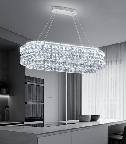 L32 x W12 Modern Chandeliers for Dining Room LED Dimmable Pendant Lighting Ceiling Chandelier Crystal Rectangle Light Fixtures Silver