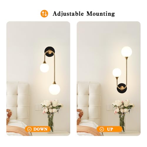 Mid Century Modern Wall Sconce Set of 2 Black and Gold Milk Glass Sconces with Double Ball Hardwired Wall Light for Bedside Bedroom Bathroom Living Room Corridor G9 Base
