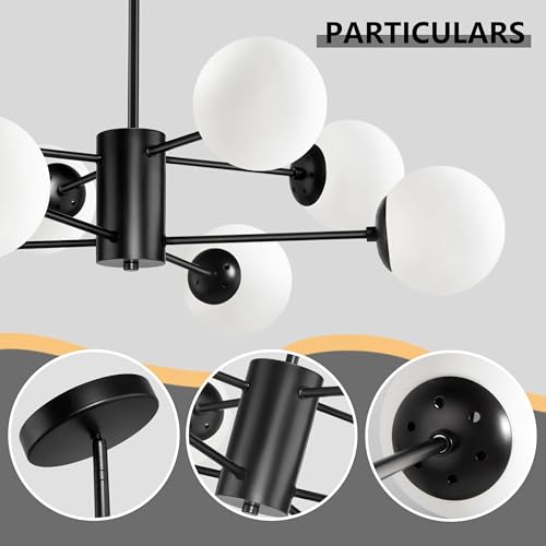 8 Light Globe Sputnik Chandelier Black Mid Century Modern Light Fixture Matte Black Finished with White Frosted Globe Glass Lampshade Sputnik Chandeliers for Dining Room Bedroom Kitchen Island (8 Count)
