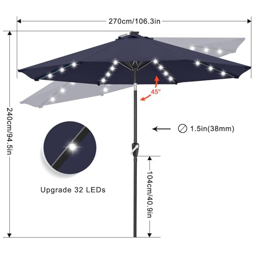 Solar Led Patio Umbrella with 32 Lights 9FT
