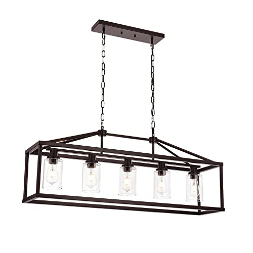 Industrial Rustic Farmhouse Chandelier 5 Light Modern Rectangle Dining Room Light Fixture Hanging Oil Rubbed Bronze Kitchen Island Cage Pendant Lighting with Clear Glass Shade for Hallway Bar
