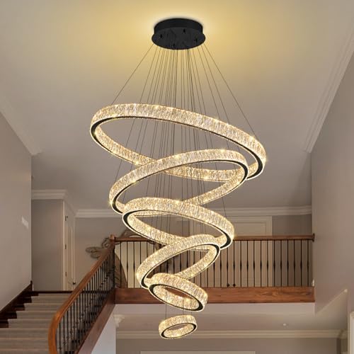 Extra Large 6 Ring Crystal Chandelier Modern LED Long Crystal Chandelier for High Ceiling Height Adjustable Black D8+15.7"+23.6"+31.5"+39.4"+47.5" Dimmable 2700K