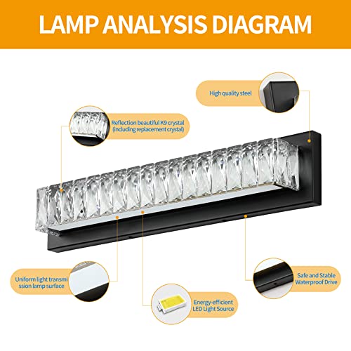 Bathroom Light Fixtures 23 Inch Modern Crystal Vanity Light LED Black Wall Sconce for Bathroom Vanity Mirror Lights Cool White 6000K