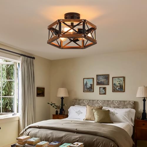 3 Light Rustic Farmhouse Wood Flush Mount Ceiling Light Fixture 14.5 inch Oak Wood and Metal Hexagon Cage Semi Flush Mount Ceiling Light for Hallway Hall Entry Bedroom Kitchen Farmhouse