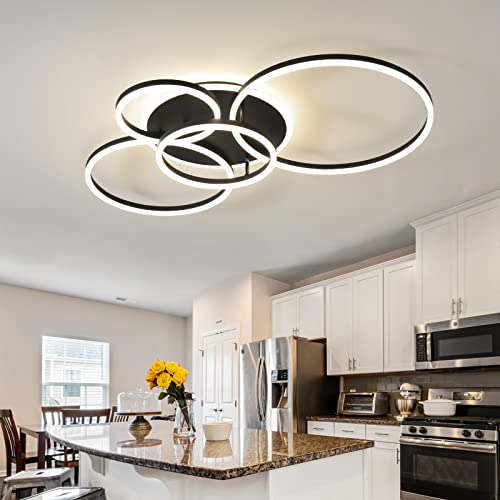 Modern LED Ceiling Light 90W Dimmable Ceiling Light Fixture with Remote Control 5 Rings Flush Mount Ceiling Light Black Acrylic Chandelier LED for Living Room Bedroom Kitchen Light fixtures