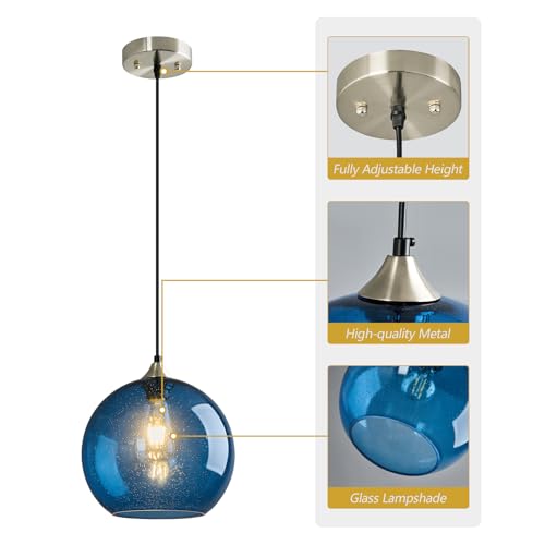 Blue Glass Pendant Lights Kitchen Island Lighting Globe Pendant Light Fixtures Modern Pendant Lighting for Kitchen Island Bedroom Living Dining Room Light Fixture (2 Count)