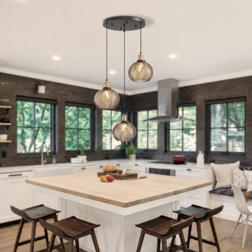 3 Light Vintage Amber Striped Glass Cluster Pendant Light