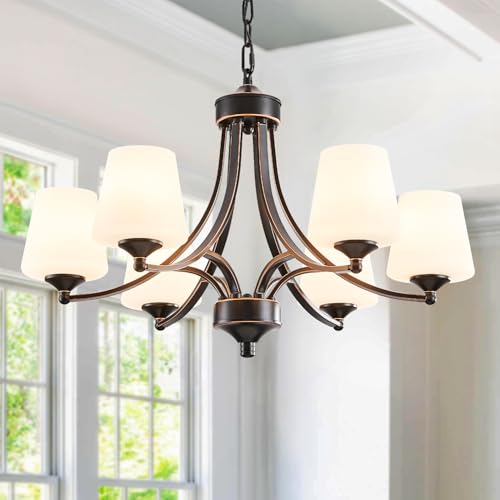 6 Light Farmhouse Chandeliers Black and Gold Dinner Room Light with Frosted Glass 47.2" Adjustable Pendant Ceilling Lighting Rustic Vintage Hanging Lamp for Kitchen Island Dining Table Living Room