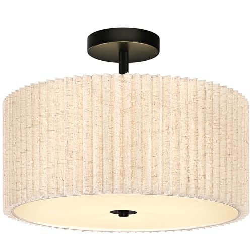 3 Light Semi Flush Mount Ceiling Lights Fixture 16 Inch Drum Light Fixture Drum Ceiling Lights with Pleated Fabric Shade Black Close to Light Fixtures for Hallway Living Room